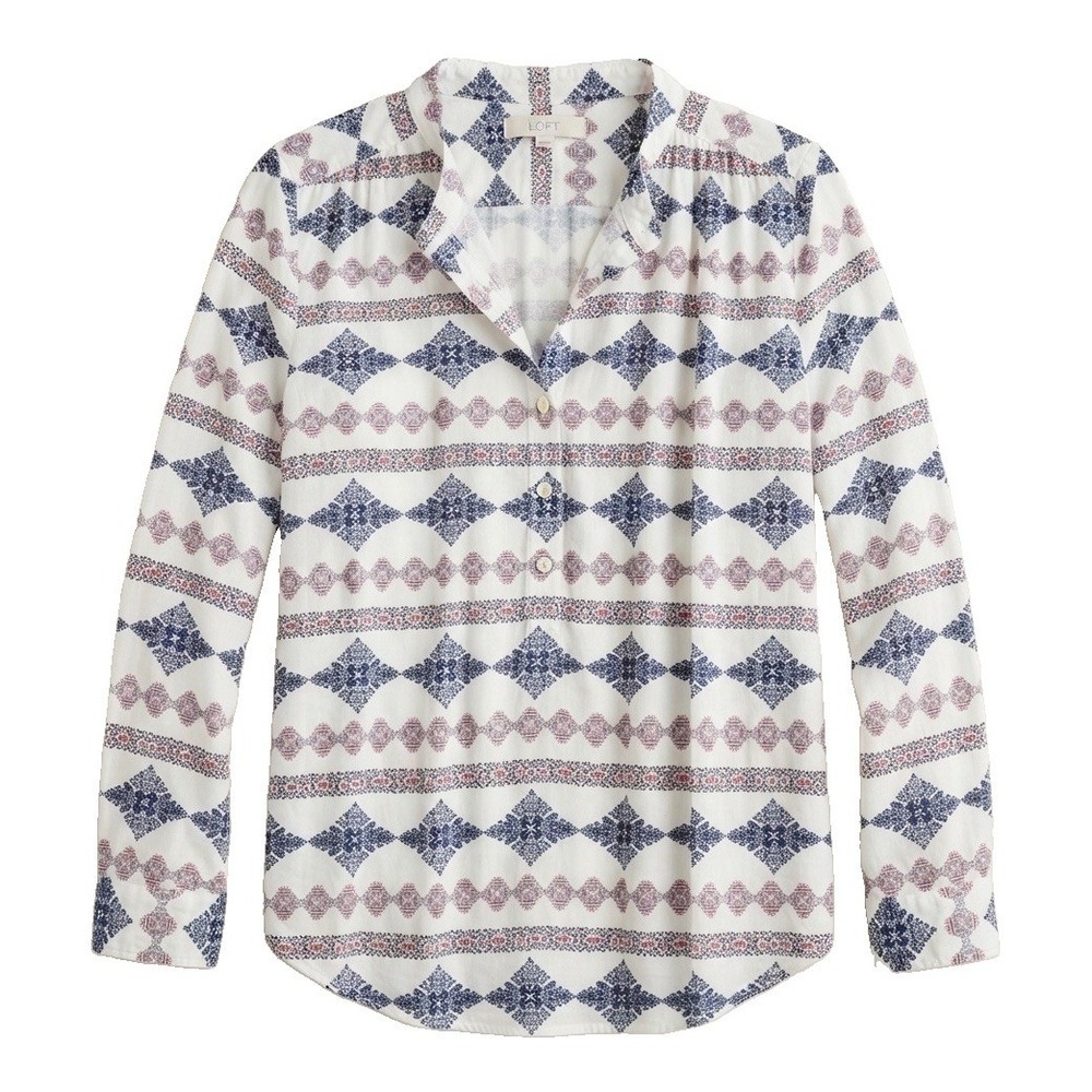 LOFT Women's Boho Blouse Large White Blue Geometric Print Long Sleeve Top